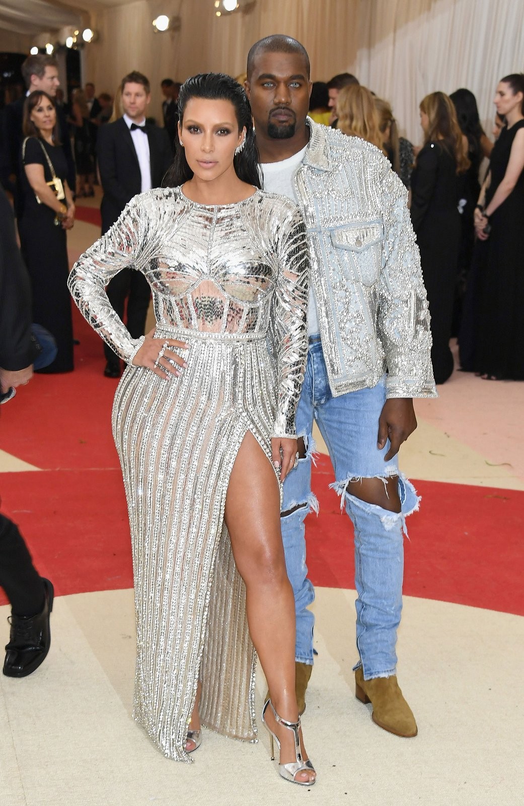 Kim Kardashian in Balmain & Kanye West in Fear Of God